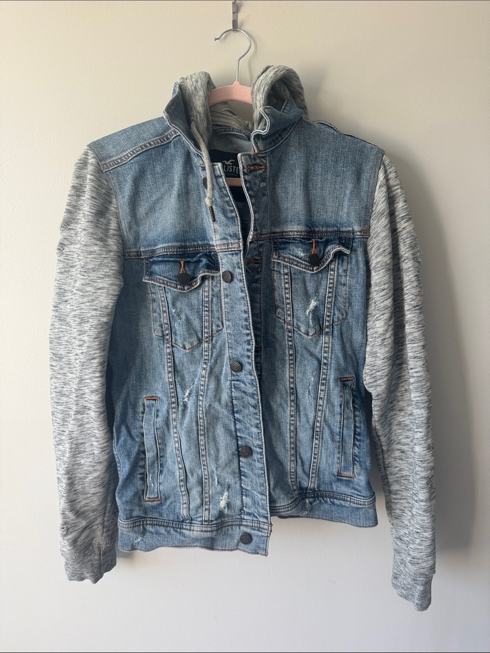 Hollister Light Blue Denim Jacket with Gray Hoodie Sleeves